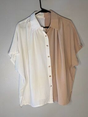 SHEIN Two-Tone Short Sleeve Button-Down Shirt - White & Beige